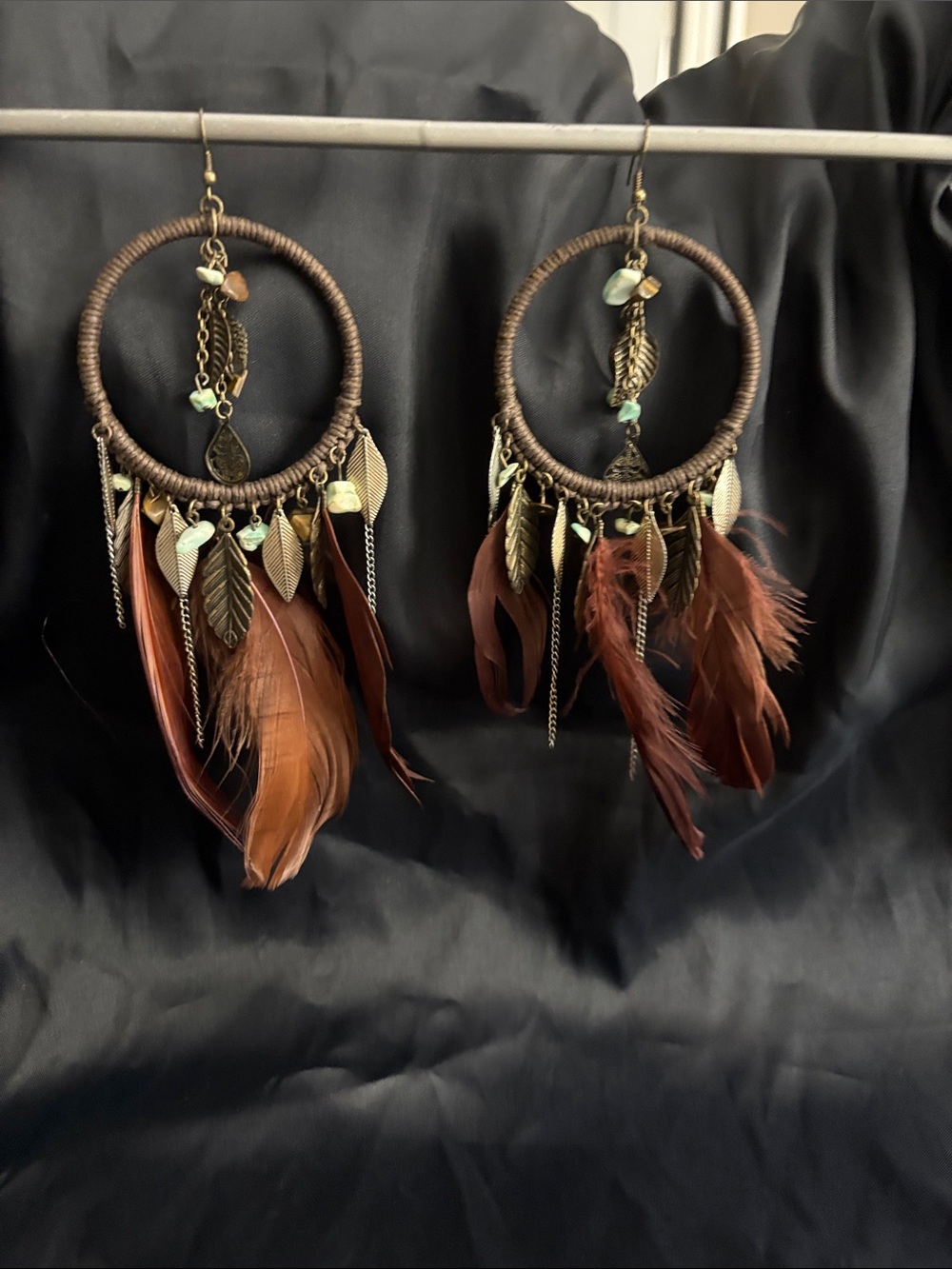 Boho Feather Hoop Earrings in Brown